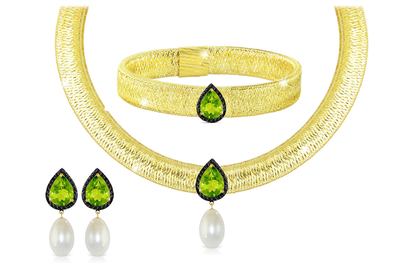 Vera Perla 18K Gold 0.48ct Black Diamonds, Peridot and 13mm White Pearl Jewelry Set - 3 pcs.